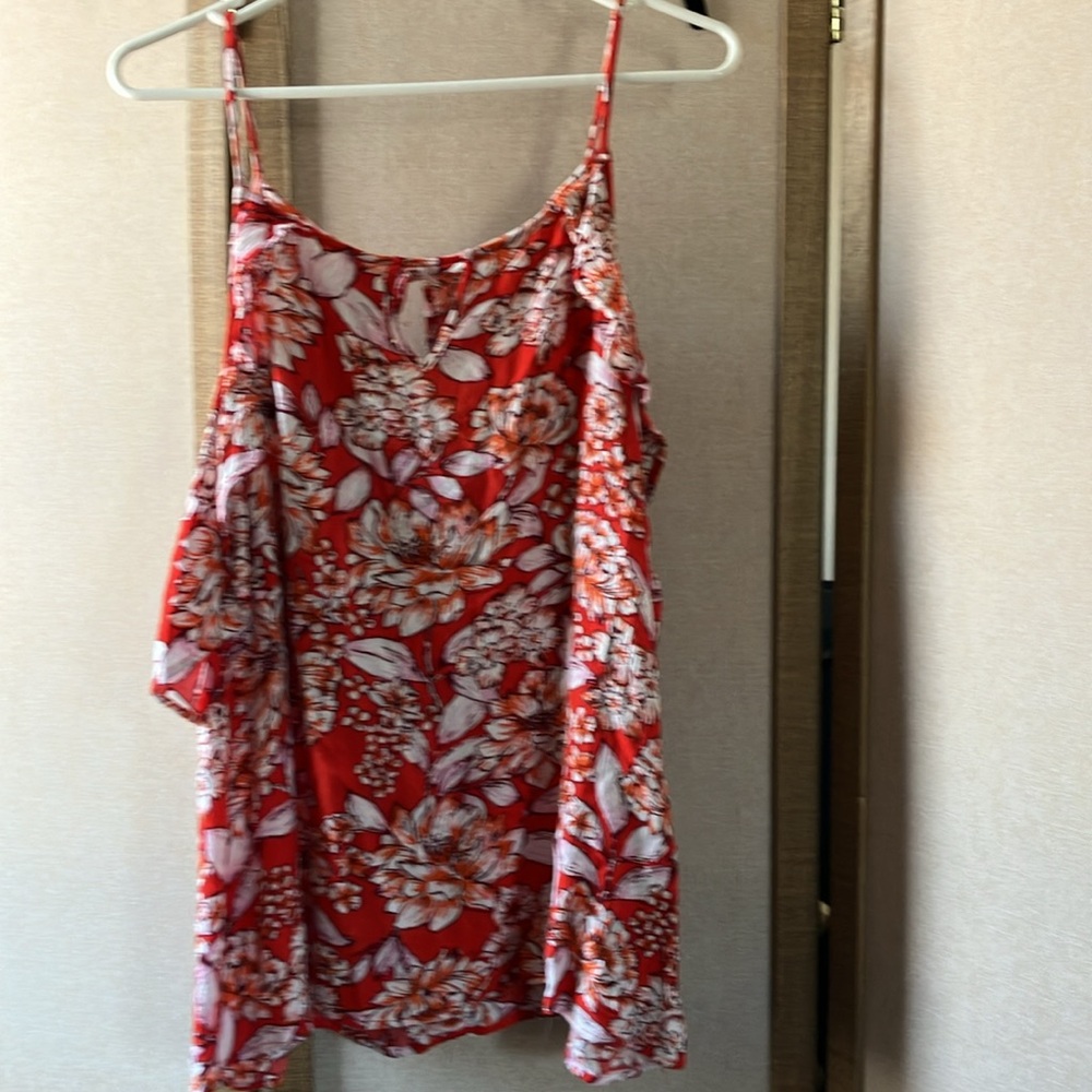 FINAL MARKDOWN Umgee Vibrant Red and White Blouse cold shoulder style 1X